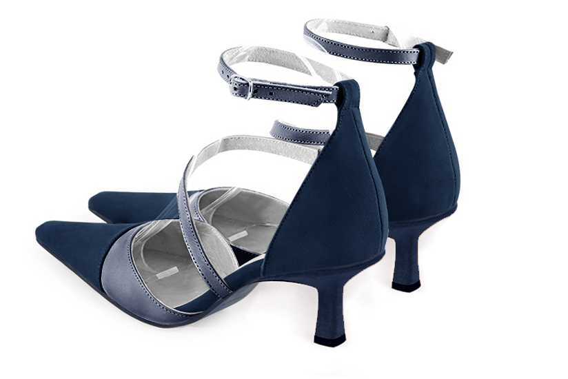 Navy blue women's open side shoes, with snake-shaped straps. Tapered toe. Medium spool heels - Florence KOOIJMAN